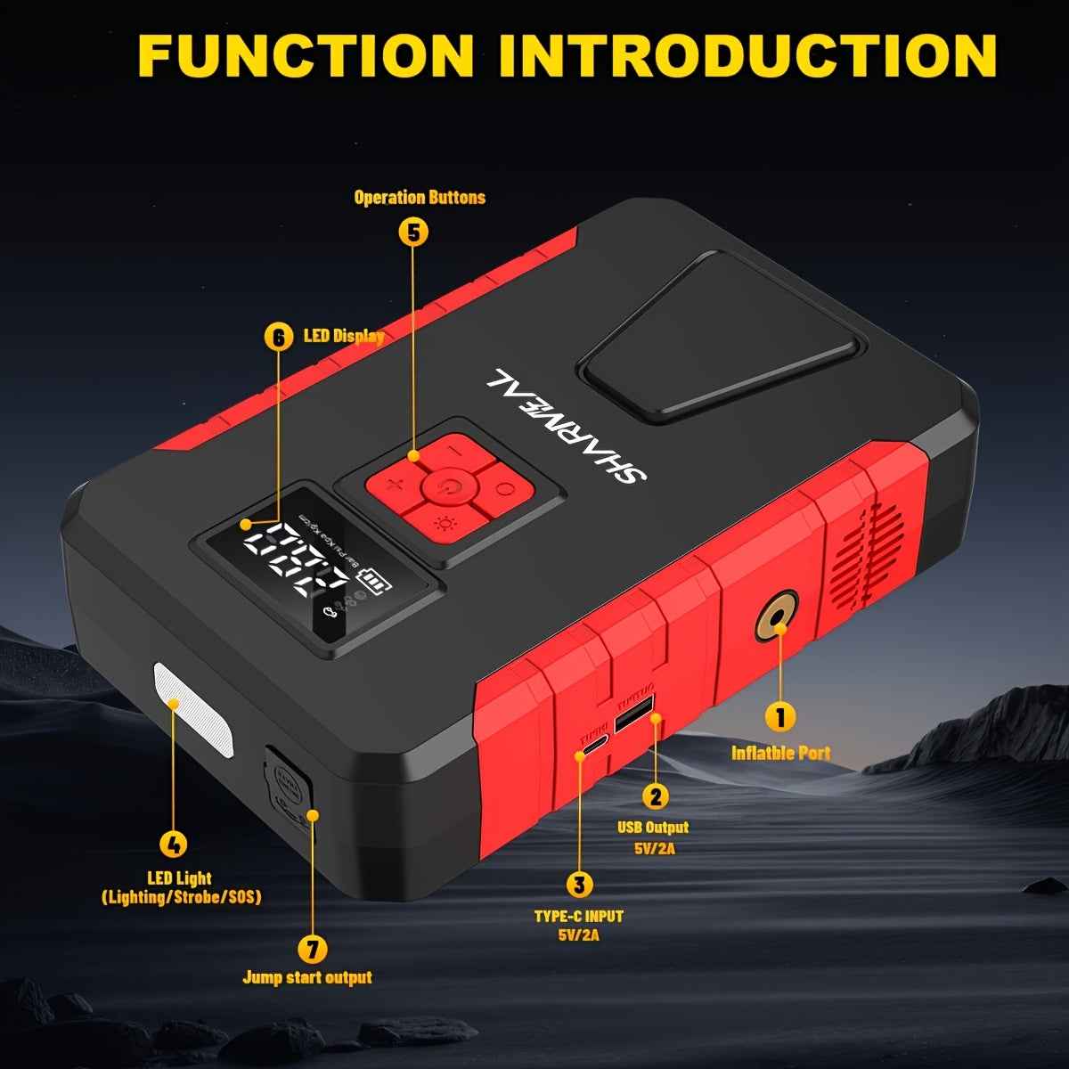 Jump starter with air inflator port, USB output, and controls on red/black unit