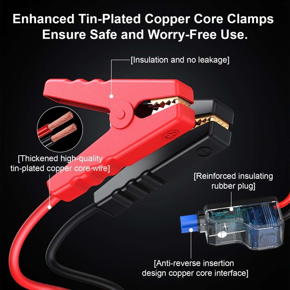 Jump starter clamps with red insulated handle and black cable plug