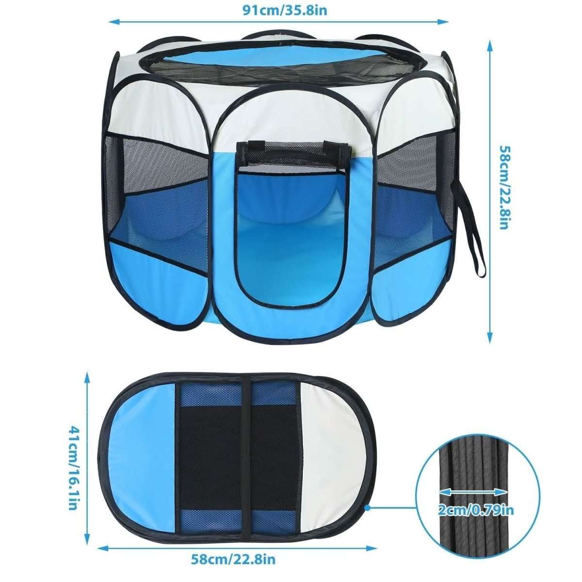 Blue foldable pet playpen tent with front zip door and mesh side panels; carry handle