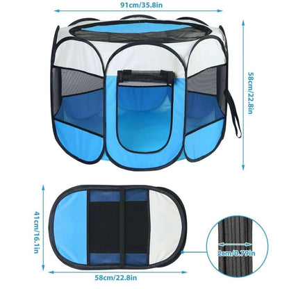 Blue foldable pet playpen tent with front zip door and mesh side panels; carry handle