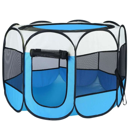 Portable foldable pet playpen, blue base and gray mesh panels with front entrance