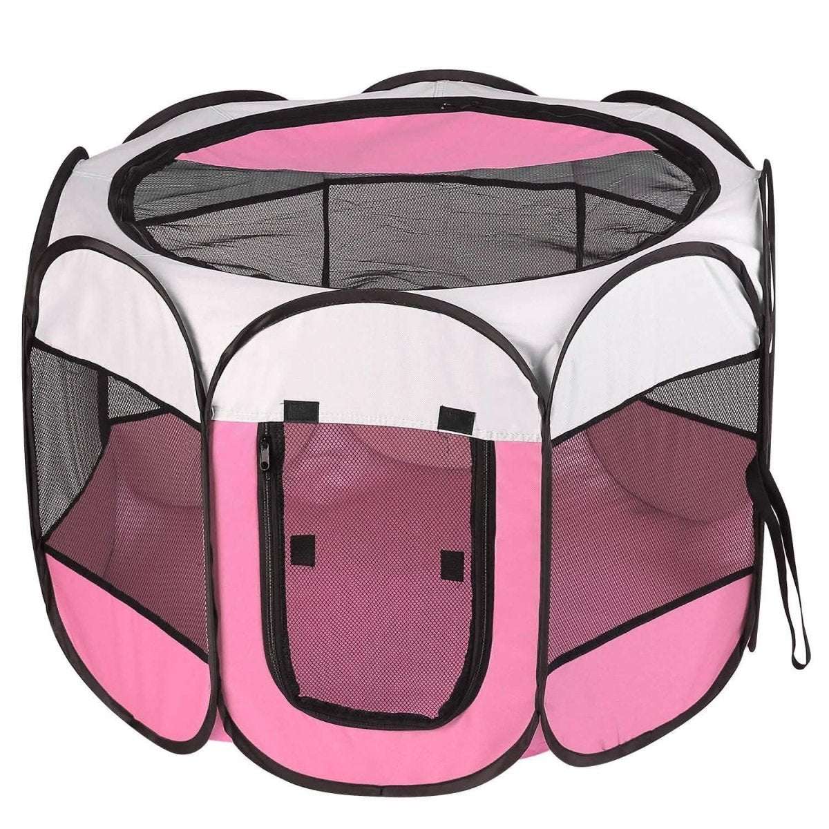 Portable foldable pet playpen, pink and white mesh walls with zip front door