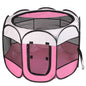 Portable foldable pet playpen, pink and white mesh walls with zip front door