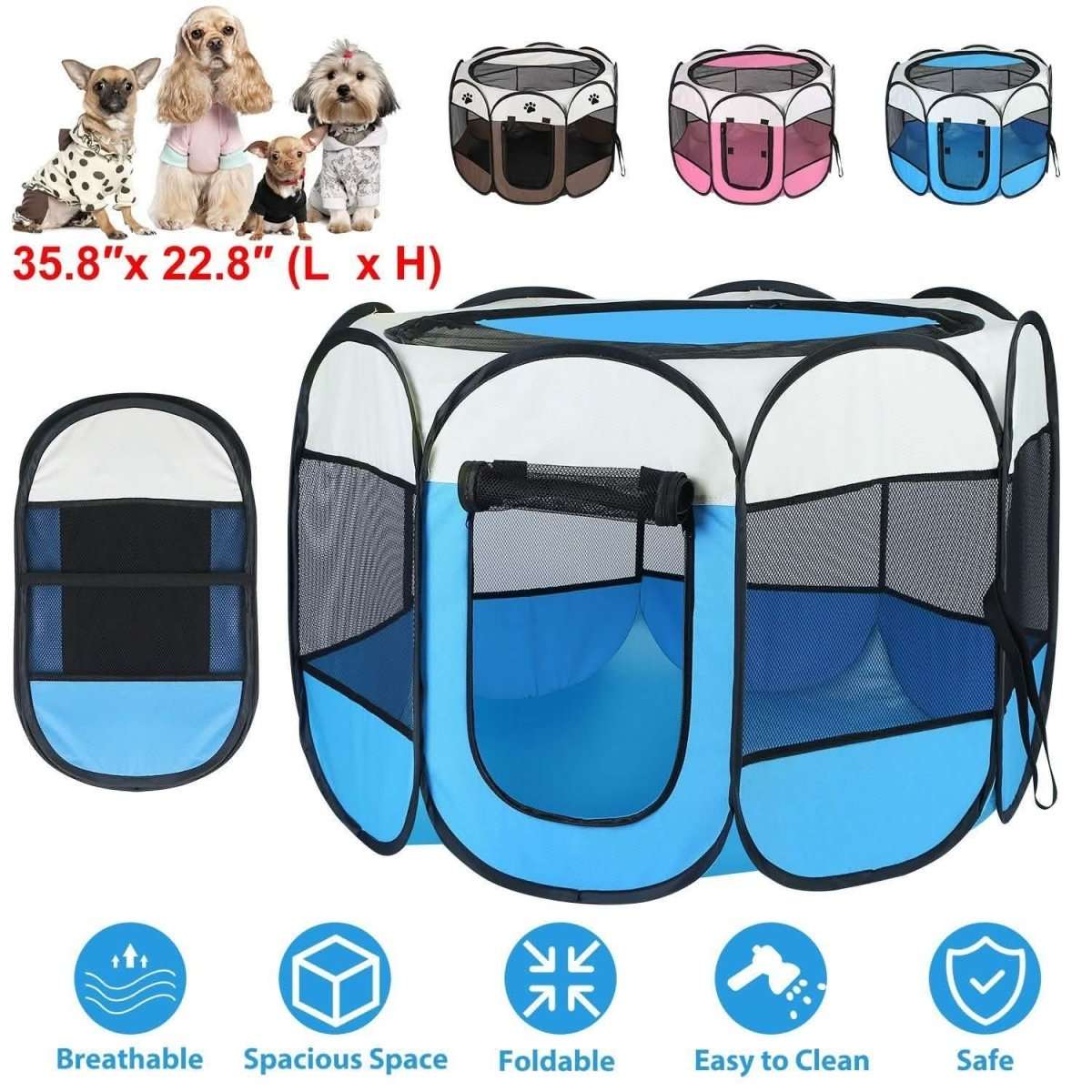 Blue foldable pet playpen tent with three mesh openings and paw-print front
