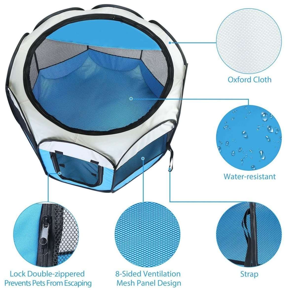 Blue pet playpen tent with mesh ventilation panels and zippered side door, durable fabric body