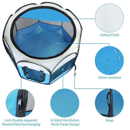Blue pet playpen tent with mesh ventilation panels and zippered side door, durable fabric body