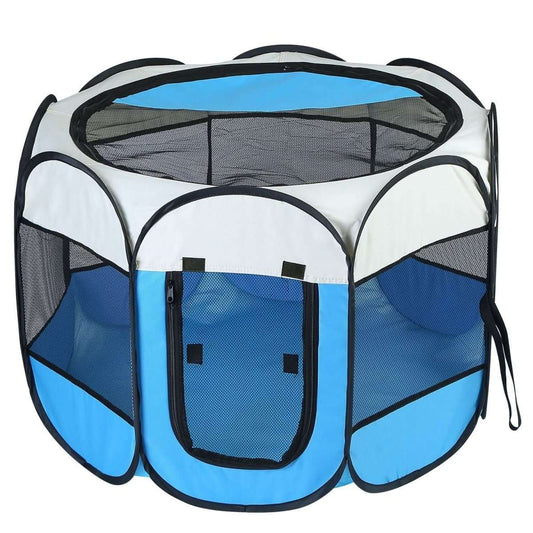 Portable foldable pet playpen, blue and white mesh sides with open door panel
