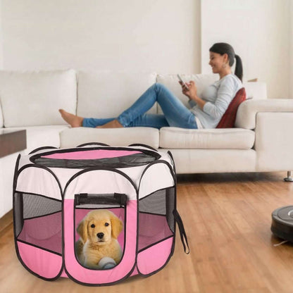 Portable foldable pet playpen, pink fabric with mesh sides and front access door
