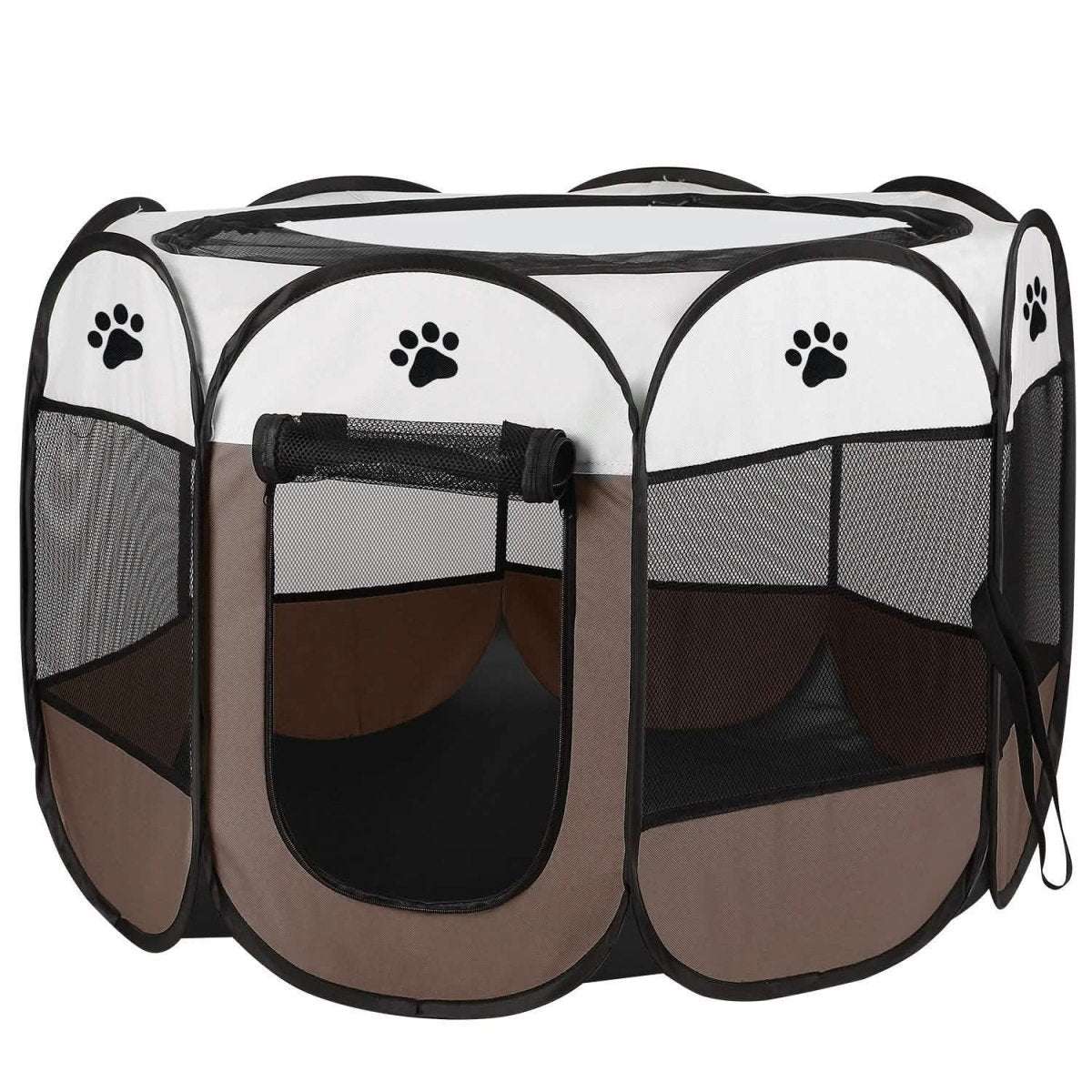 Foldable pet playpen tent with mesh sides and paw-print accents, dark door panels