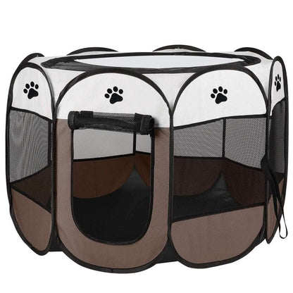 Foldable pet playpen tent with mesh sides and paw-print accents, dark door panels