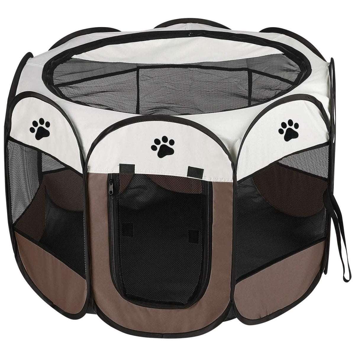Portable foldable pet playpen, dark coffee and white mesh with paw icon panels