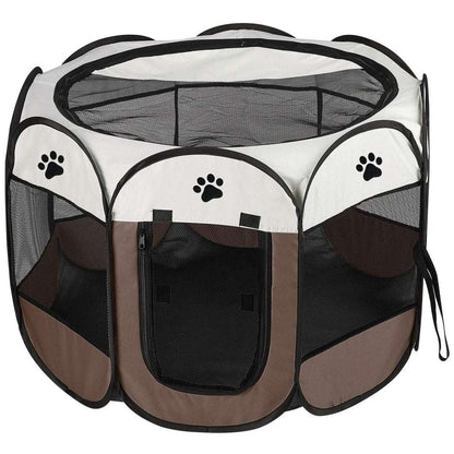 Portable foldable pet playpen, dark coffee and white mesh with paw icon panels