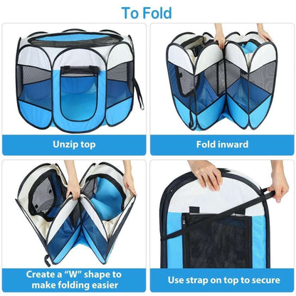 Blue foldable pet playpen tent shown folding with zip-top access and mesh sides