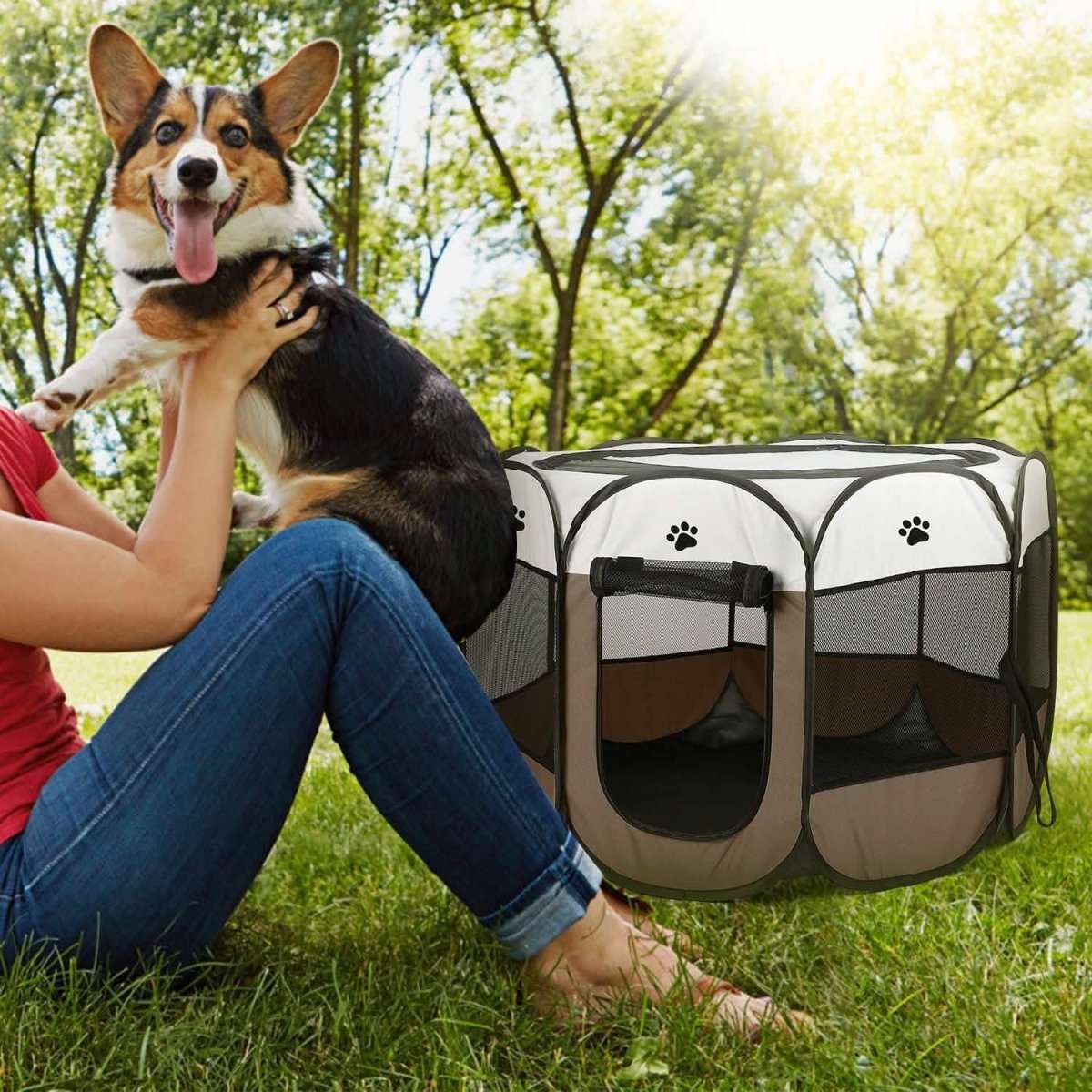 Blue foldable pet playpen tent with front zip door, mesh panels, and paw-print accents