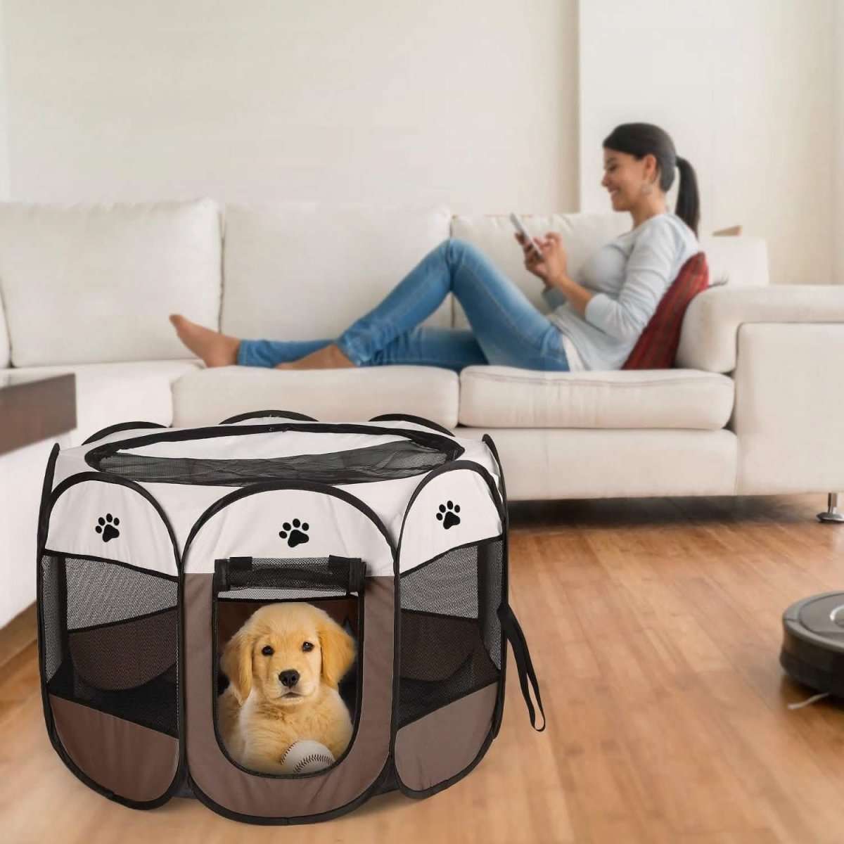 Portable foldable pet playpen, coffee-brown mesh panels with paw prints on sides