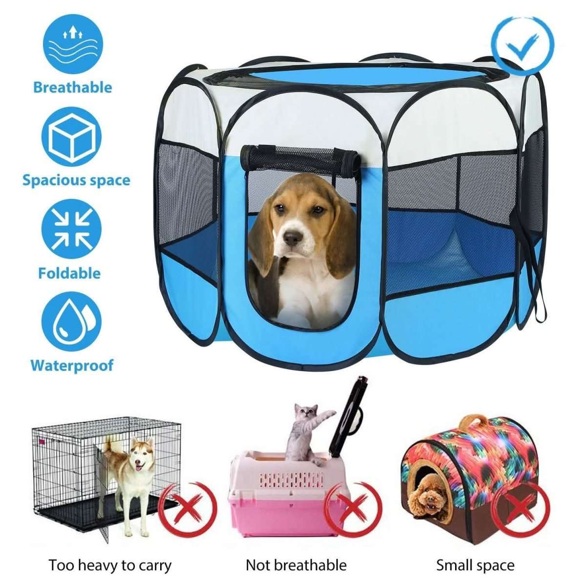 Blue foldable pet playpen tent with front zip door, mesh panels, and paw-print accents