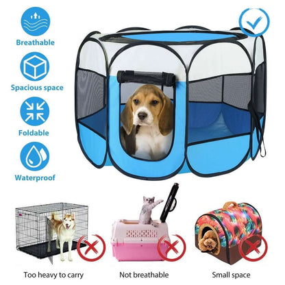 Blue foldable pet playpen tent with front zip door, mesh panels, and paw-print accents