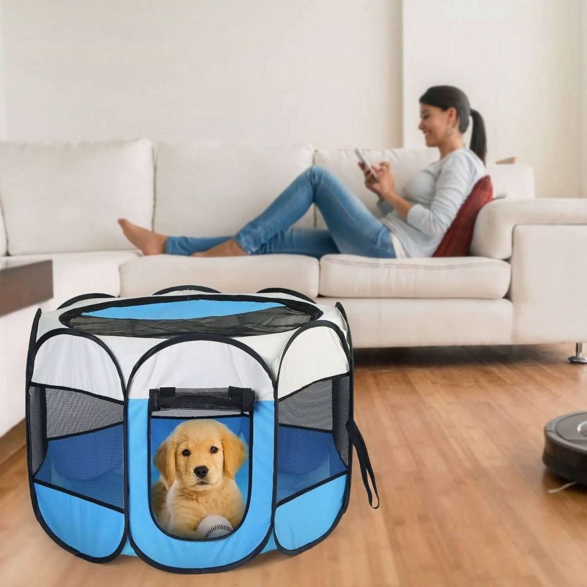Portable foldable pet playpen, blue fabric with mesh panels and front door