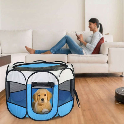 Portable foldable pet playpen, blue fabric with mesh panels and front door