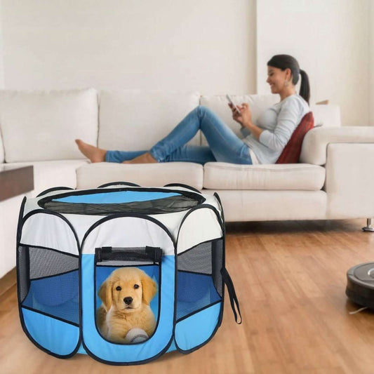 Portable foldable pet playpen, blue fabric with mesh panels and front door
