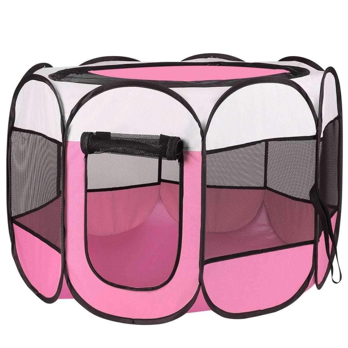 Portable foldable pet playpen, pink mesh panels and black frame with front opening