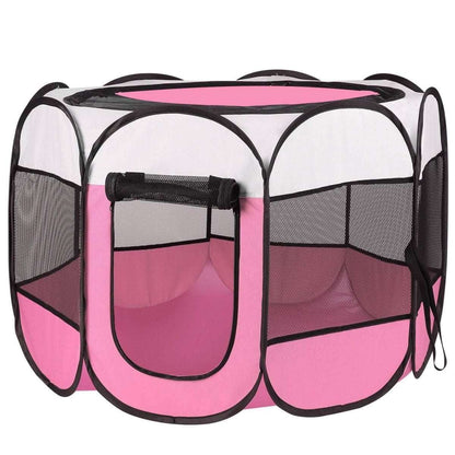 Portable foldable pet playpen, pink mesh panels and black frame with front opening