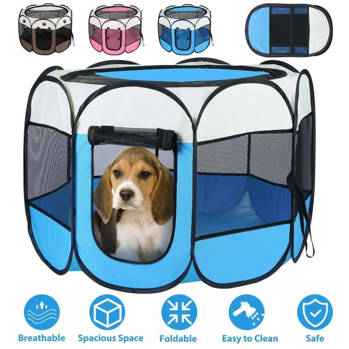 Foldable pet playpen tent in blue, pink, and coffee with mesh panels and paw-print door