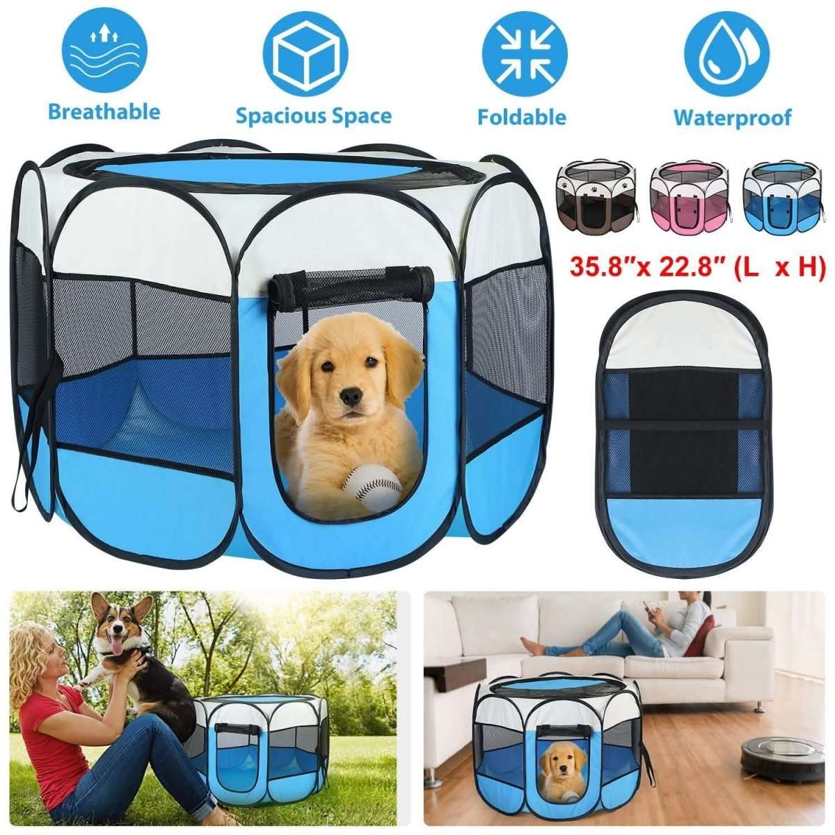 Blue foldable pet playpen tent with front mesh door and a dog sitting inside