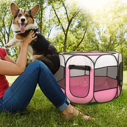 Portable foldable pet playpen, pink mesh with top window and front door for pets
