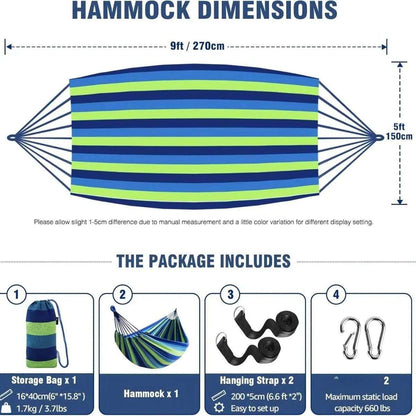 Striped portable hammock size diagram with included hanging straps and carabiners