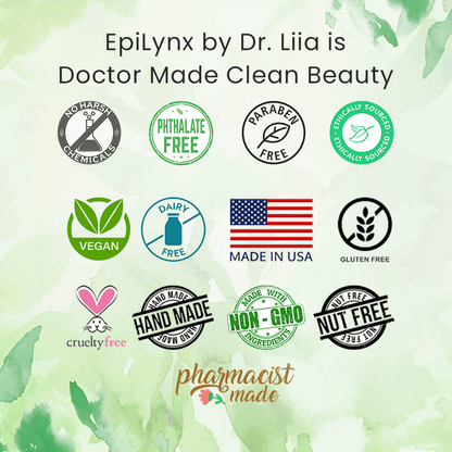 Clean beauty certification badge graphic with vegan and free-from seals