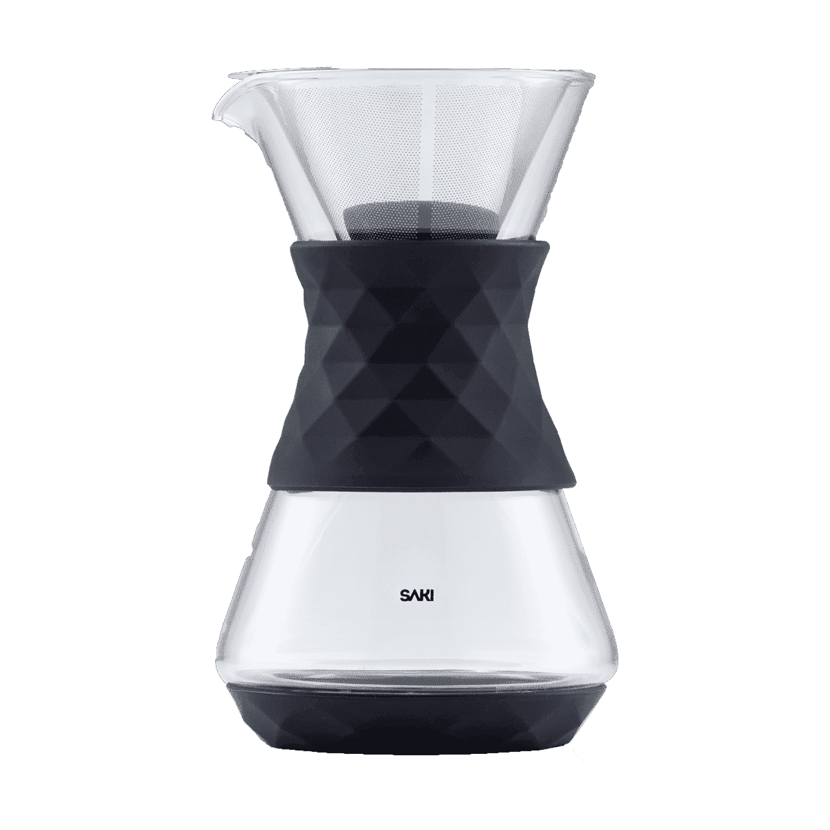 Pour-over glass coffee maker with black patterned filter holder and clear carafe