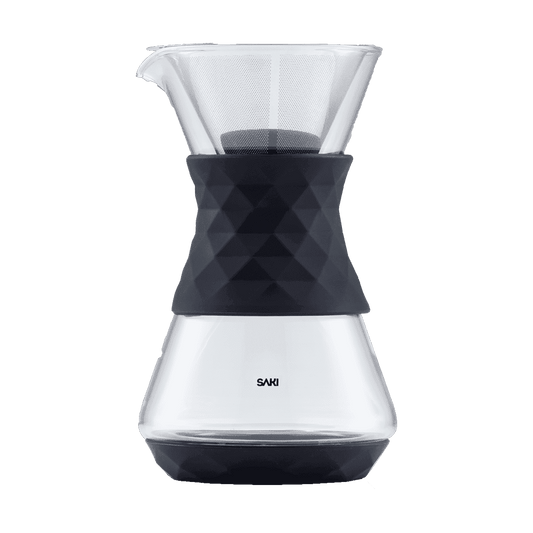 Pour-over glass coffee maker with black patterned filter holder and clear carafe