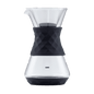 Pour-over glass coffee maker with black patterned filter holder and clear carafe