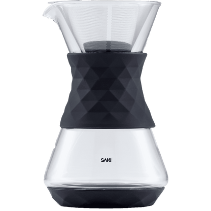 Pour-over coffee maker with clear glass carafe and black textured filter holder