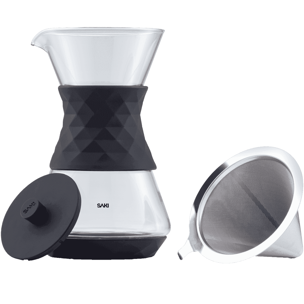 Pour-over glass coffee maker with black lid and metal filter cone for brewing