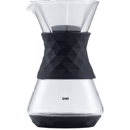 Pour-over glass coffee maker, clear carafe with black base and textured filter ring