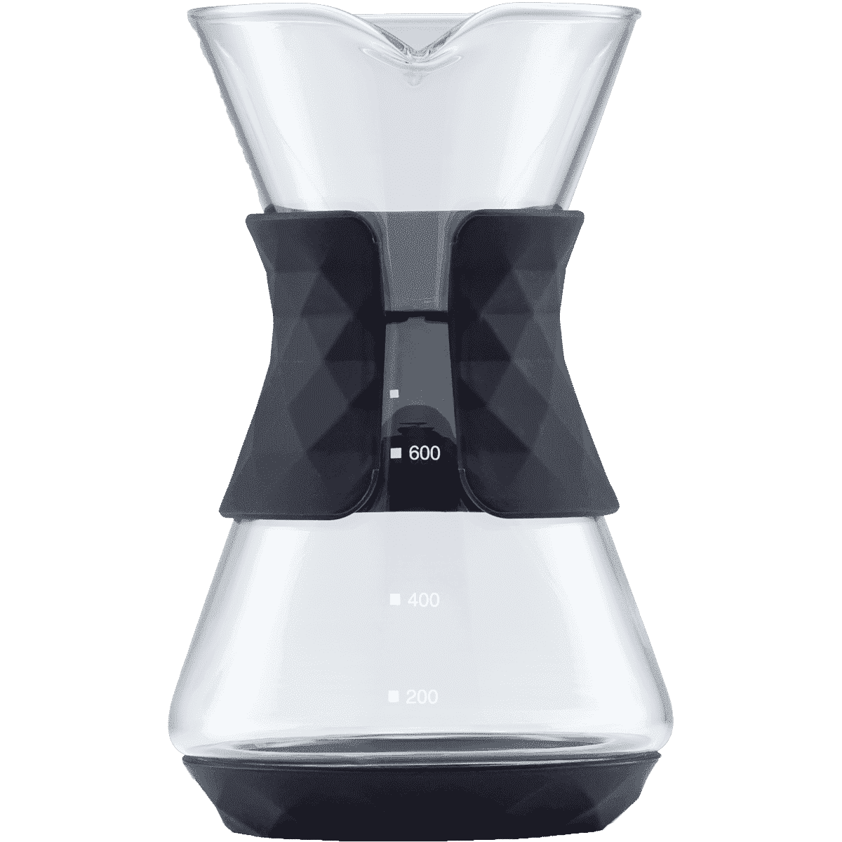 Pour-over glass coffee maker with transparent glass carafe and black pour-over collar
