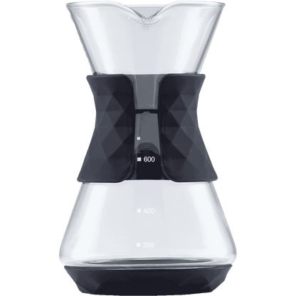 Pour-over glass coffee maker with transparent glass carafe and black pour-over collar