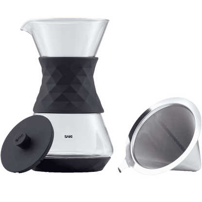 Pour-over coffee maker with black lid and metal mesh filter funnel for brewing