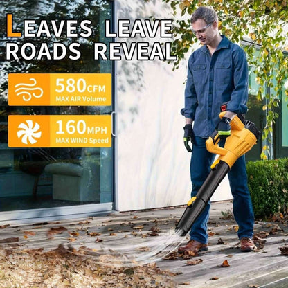 Cordless leaf blower held by a person with black tube clearing leaves from pavement