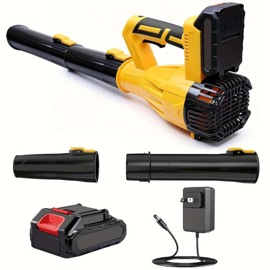 Cordless leaf blower with black and yellow blower tube and nozzle, plus battery pack