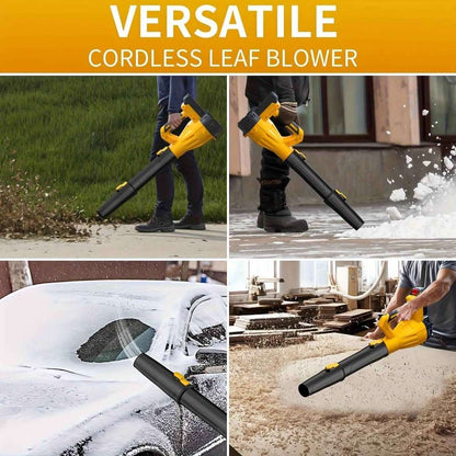 Cordless leaf blower in use with yellow housing and black air tube, handheld nozzle