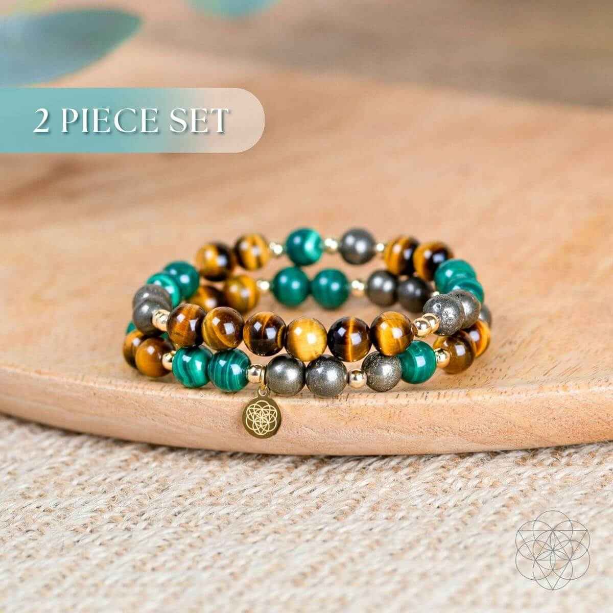 Two beaded bracelets with tiger-eye brown, green stones, and silver-tone beads