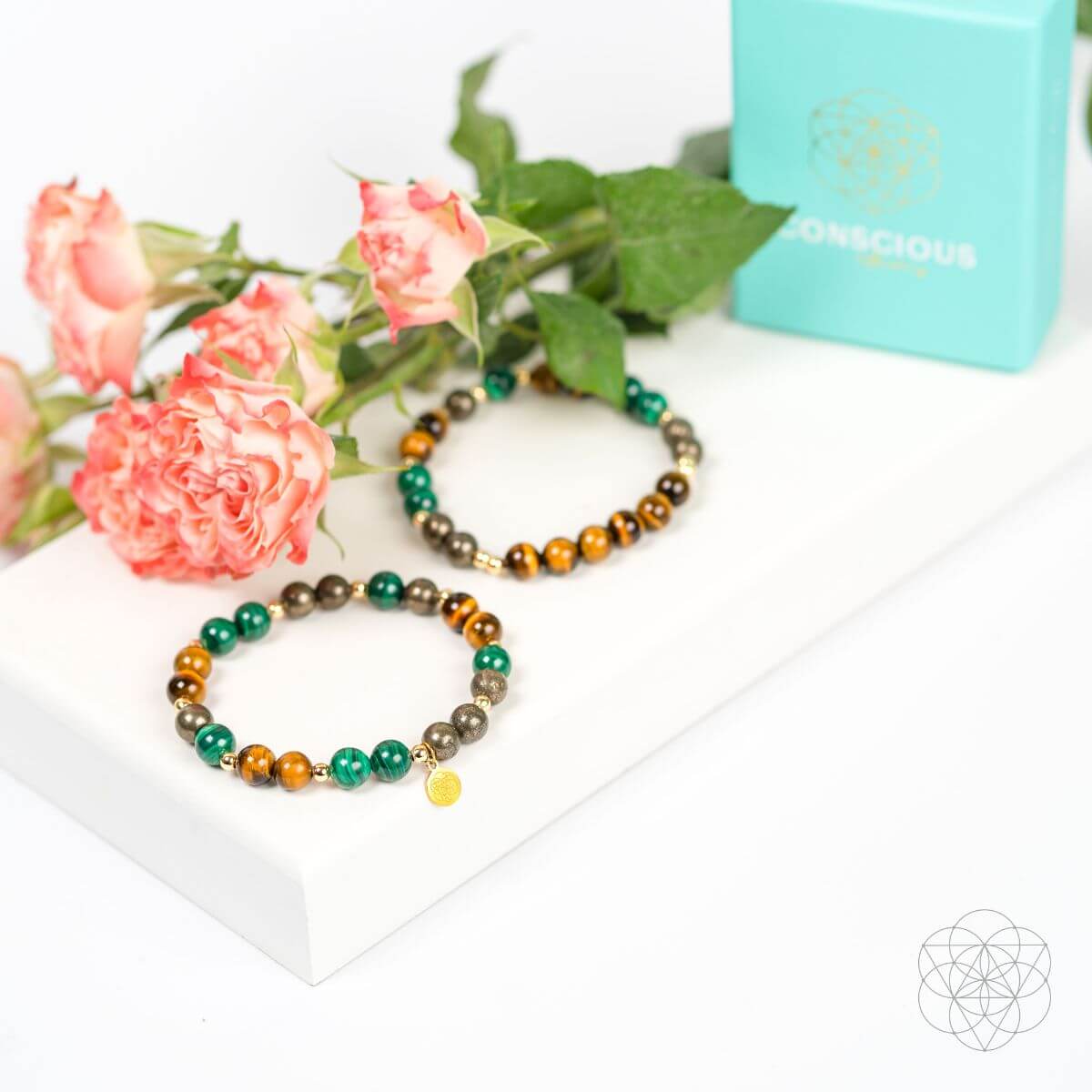 Two beaded bracelets laid on a white display with tiger-eye brown and green stone accents