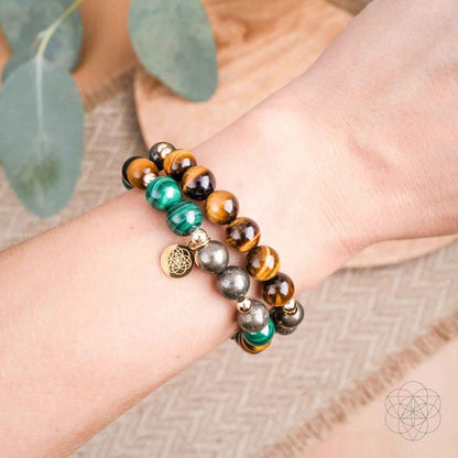 Stacked beaded bracelets in tiger-eye brown, green, and silver tones with charm dangle