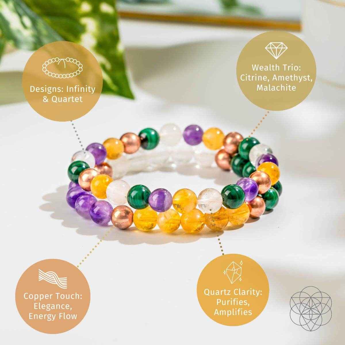 Stacked beaded crystal bracelets featuring purple, green, orange, copper, and clear stones