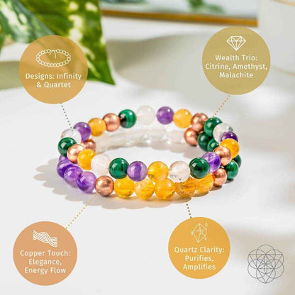 Stacked beaded crystal bracelets featuring purple, green, orange, copper, and clear stones