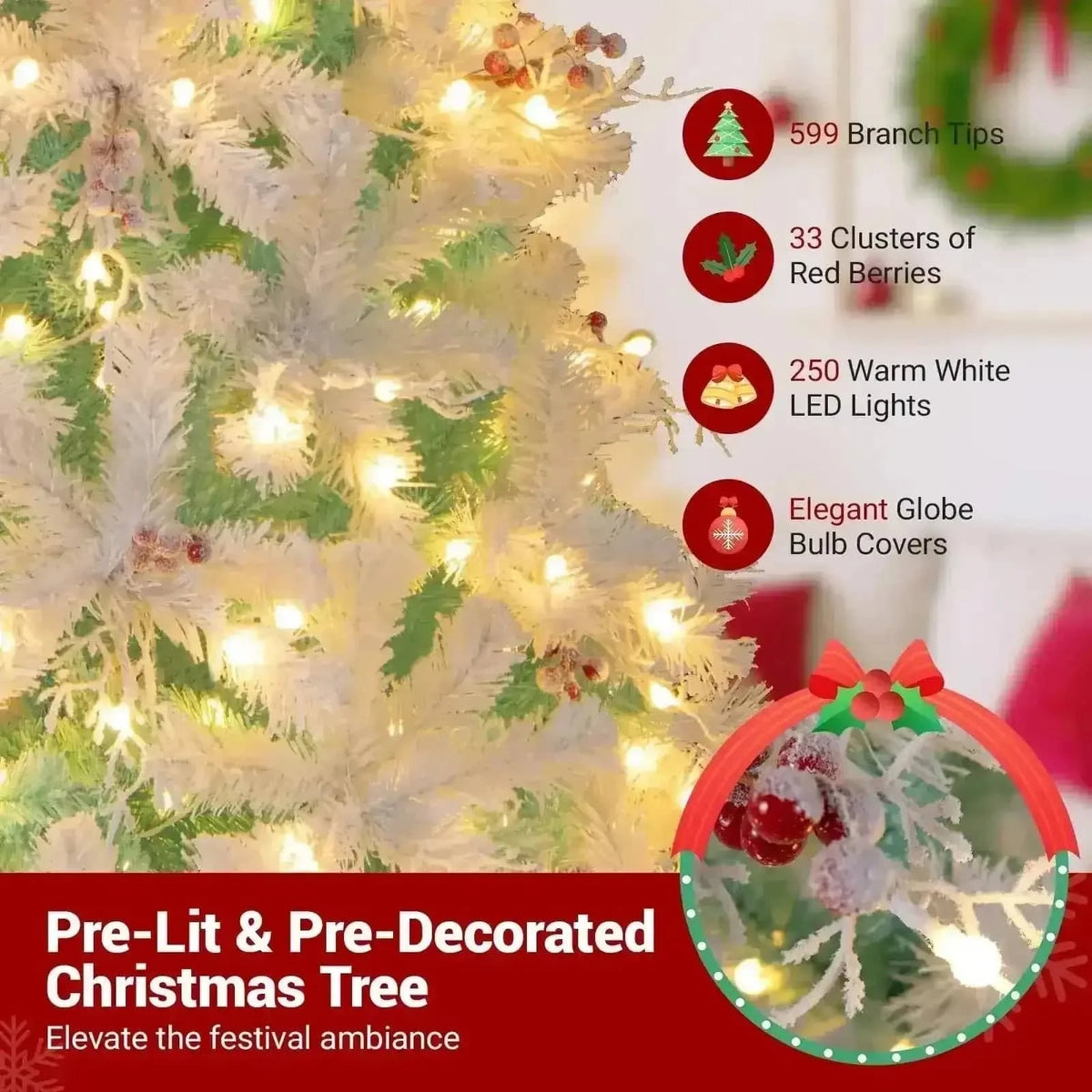 Pre-Lit Artificial Christmas Tree with Snow Flocked Branch Tips Cartsfy Inc.