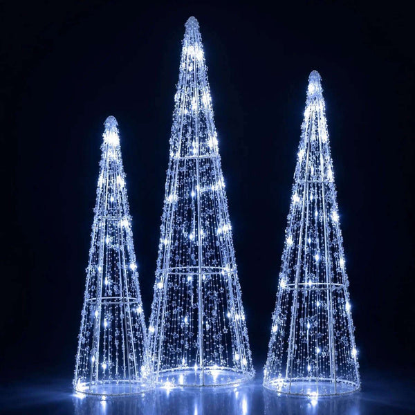 Pre-Lit Christmas Cone Trees Set of 3 with Cold White Lights